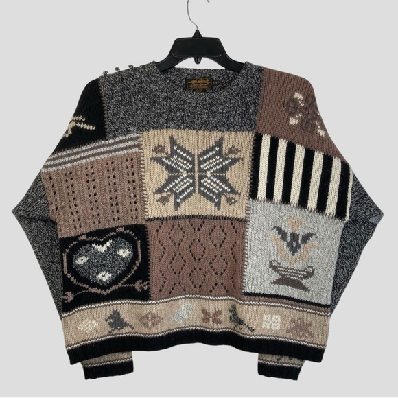 Vintage Eddie Bauer Patchwork Cable Crochet Knit Sweater Cozy Nordic Design Sz.L - Picture 2 of 12